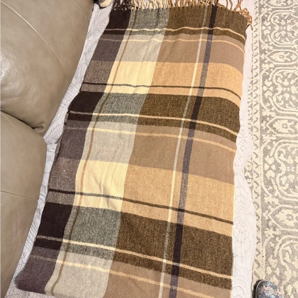 Large Unisex Plaid Wool Scarf in Beige, Brown,and Tan.